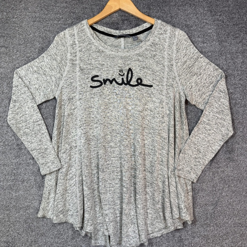 AnyBody Womens Gray Smile Graphic Long Sleeve Flared Tunic Top Size M